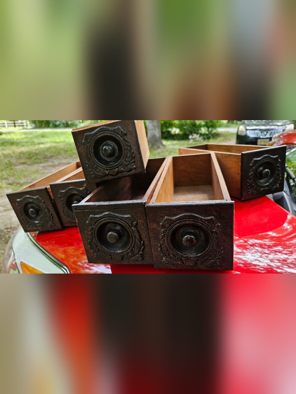 Set of 6 Decorative Wooden Drawer Fronts in Dark Brown Singer Treadle Set